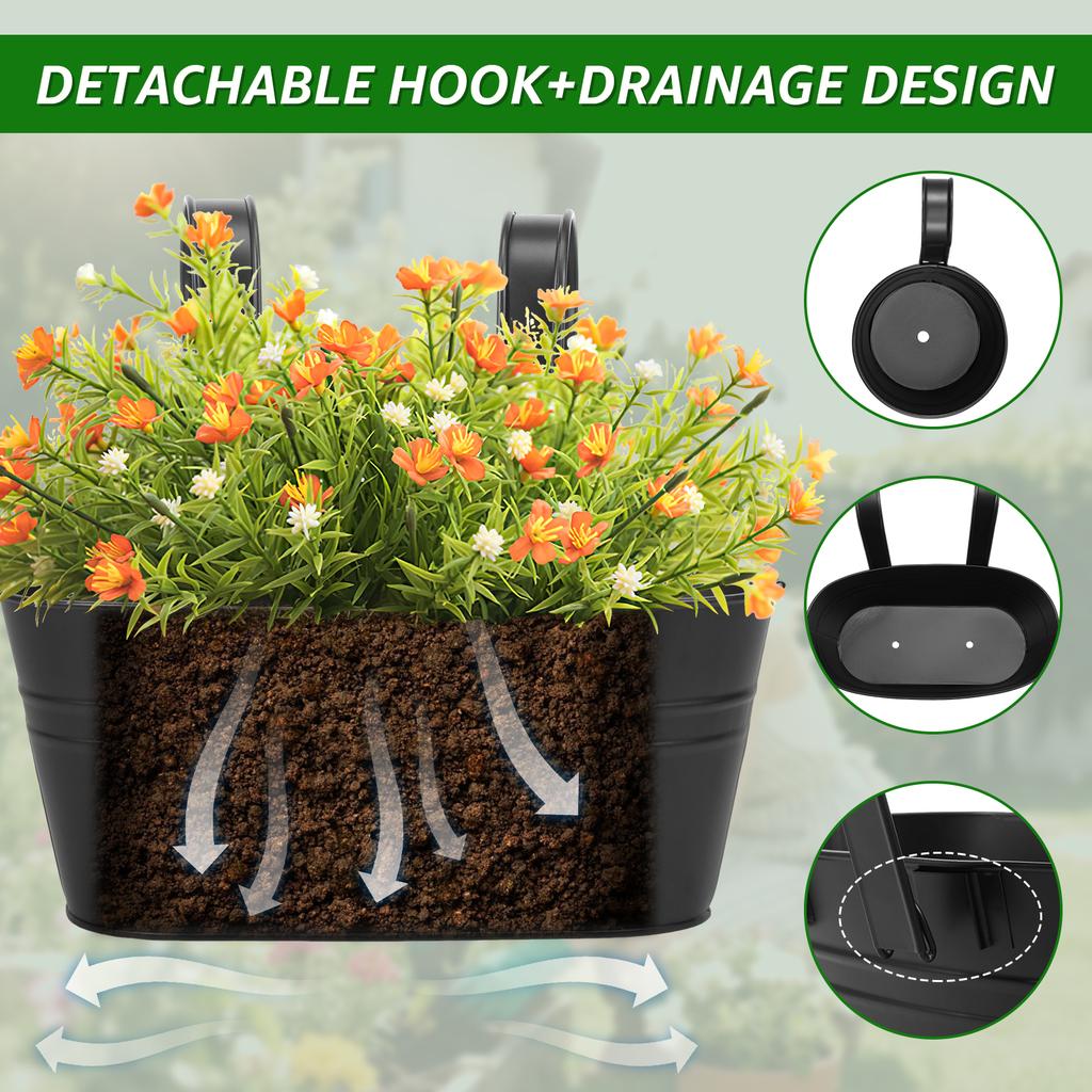 6Pcs Hanging Flower Pot Metal Iron Outdoor Railing Planter with Hook and Drainage Hole Fence Hanging Bucket Pot Garden Accessory