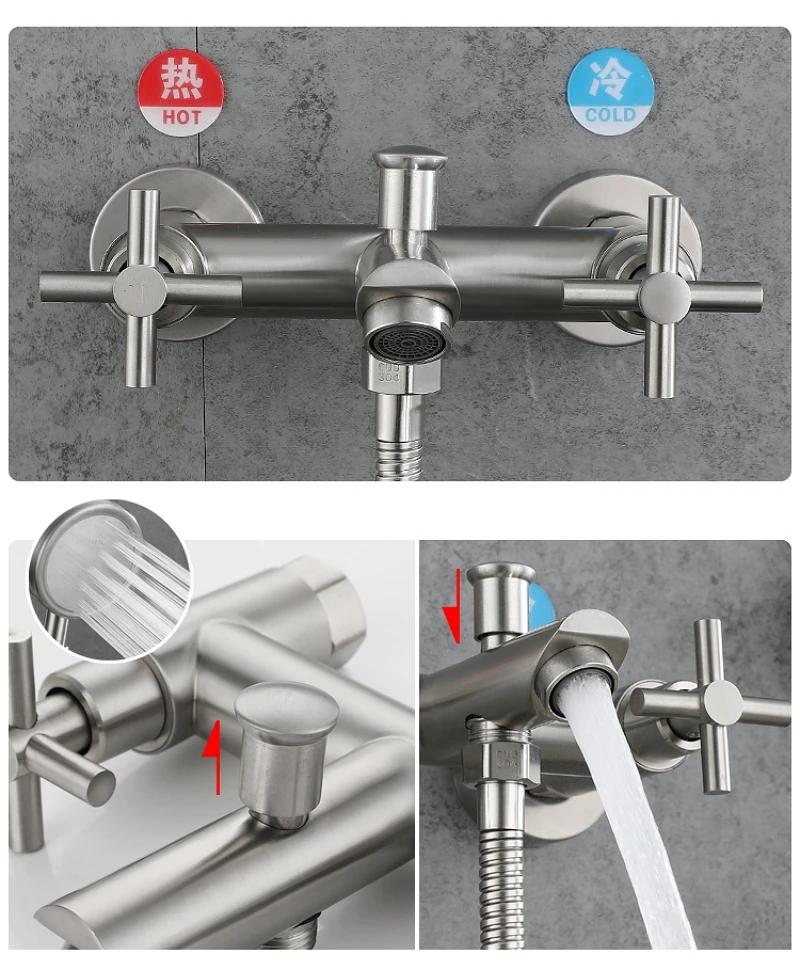 Bathroom Shower Faucet Stainless Steel Triple Bathtub Faucet Double Cross Handle Dual Control Hot Cold Mixer Valve Nozzle Tap