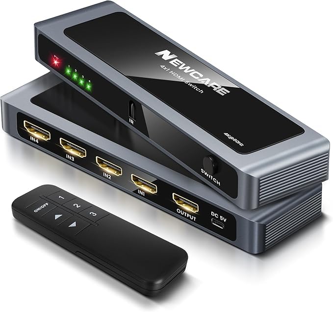 NEWCARE HDMI-переключатель 4K@60Hz, 4 входа/1 выход, с пультом ДУ, автоматическое/ручное переключение, конструкция из алюминиевого сплава, селектор HDMI 2.0, 18G