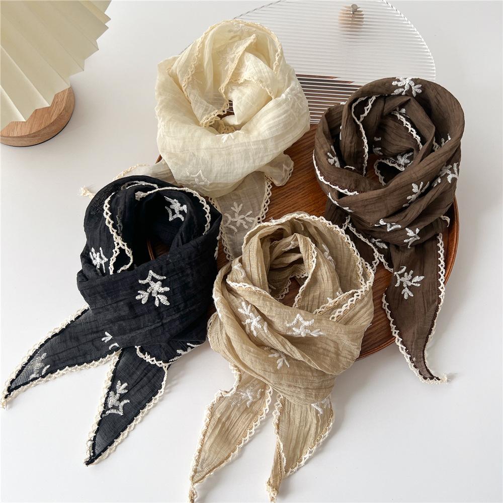 Cotton Linen Lace Triangular Scarf For Women In Spring Autumn And Summer Small Floral Small Scarf Headband Decoration Thin Style Wrapped Silk Scarf