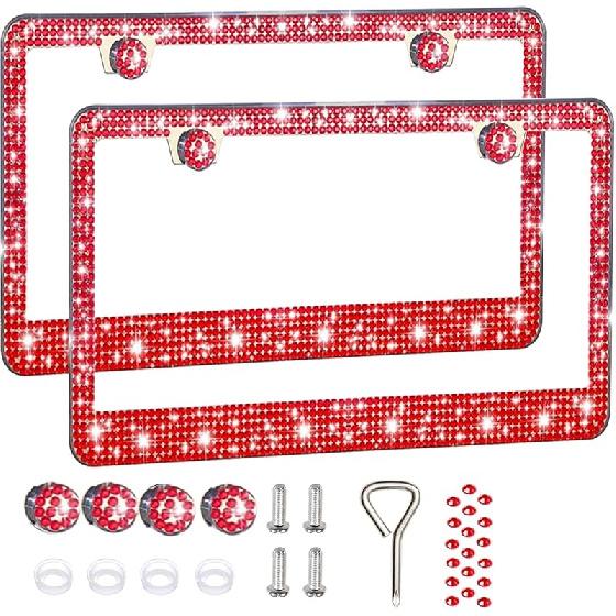 2 шт. Рамки для номерных знаков для женщин, Блестящие стразы, Алмазные автомобильные аксессуары с блестящими хрустальными колпачками (фиолетовый (2PCS))