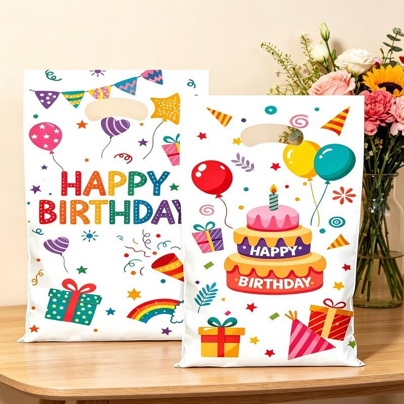Odorless Happy Birthday Gift Bags Colorful Balloon Print Plastic Tote Bags 10/30/50pcs for Food Safe Snack Candy Party Packaging