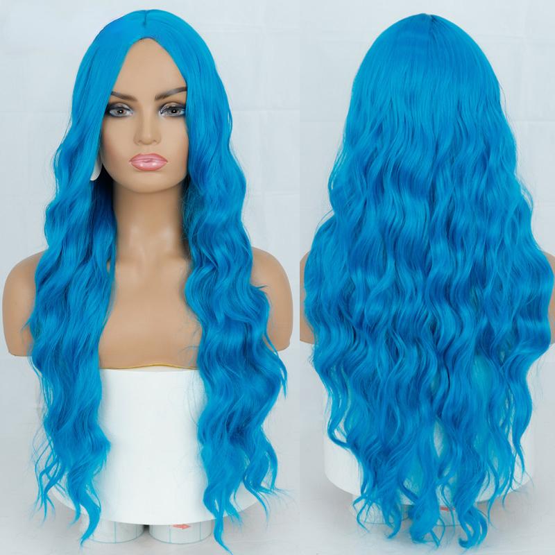 MISS WIG Женские красивые длинные волнистые волосы без челки, синий длинный волнистый парик из синтетического волокна для женщин