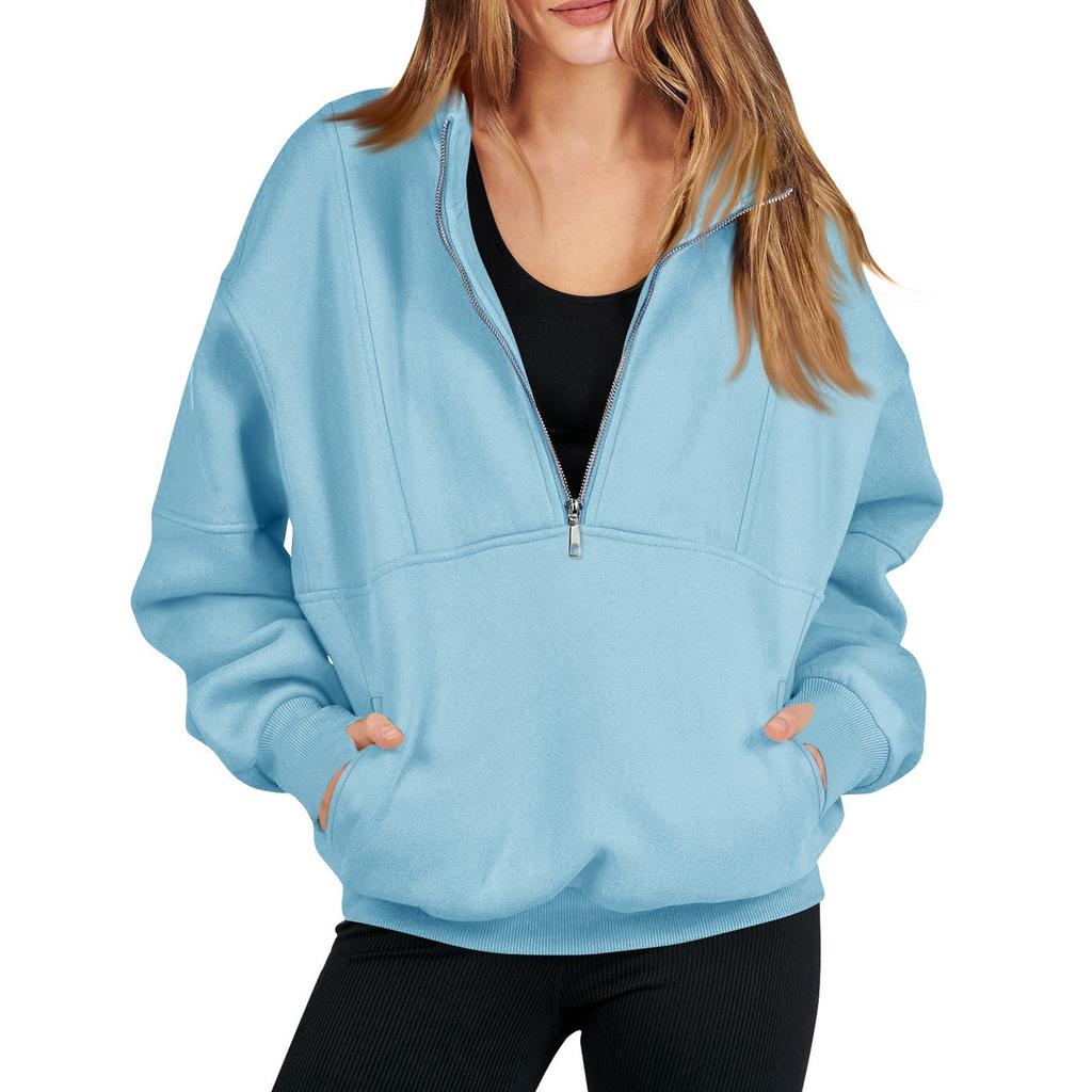 Женская модная однотонная повседневная толстовка с длинными рукавами и карманом на молнии