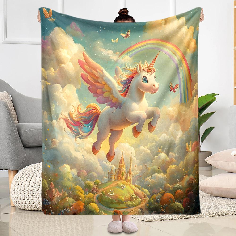 1pc Rainbow Unicorn Garden blanket Soft and Warm for Sofa Office Camping Travel Livingroom Great Gift for Friends and Family Comfortable