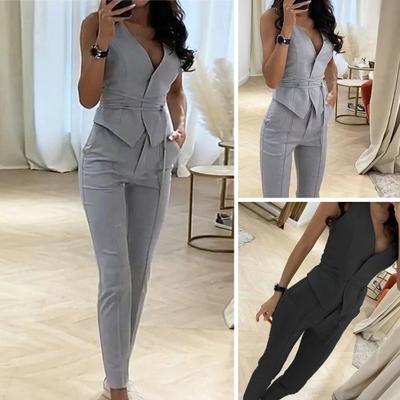 2 шт./компл., женский жилет, брюки, комплект с завязкой на талии, OL стиль, без рукавов, облегающий офисный женский летний наряд, женская одежда