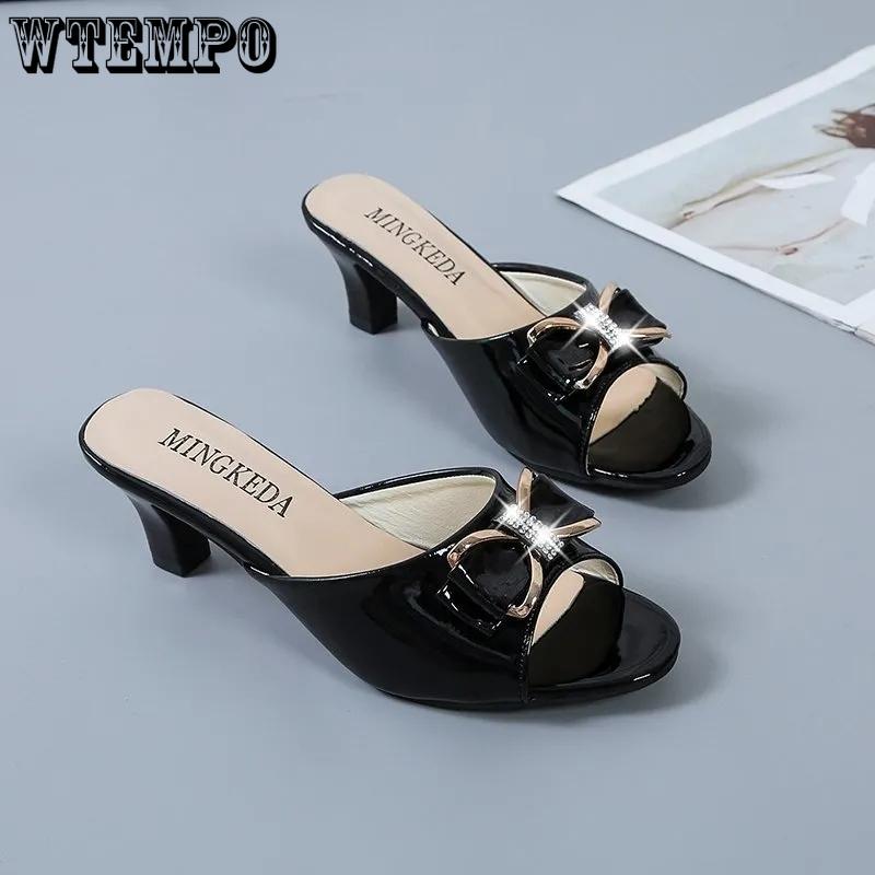 Slippers Women's Solid Color Summer Mid-heel Shoes Bow Candy Shoes One-word Sandals and Slippers Women's All-match High-heeled Sandals