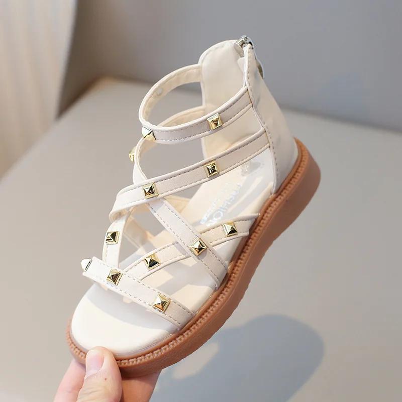 Summer Roman Sandals Girls Gladiator Boots High Top Fashion Princess Party Shoes Platform Rivets Kids Girl Beach Shoes I03221