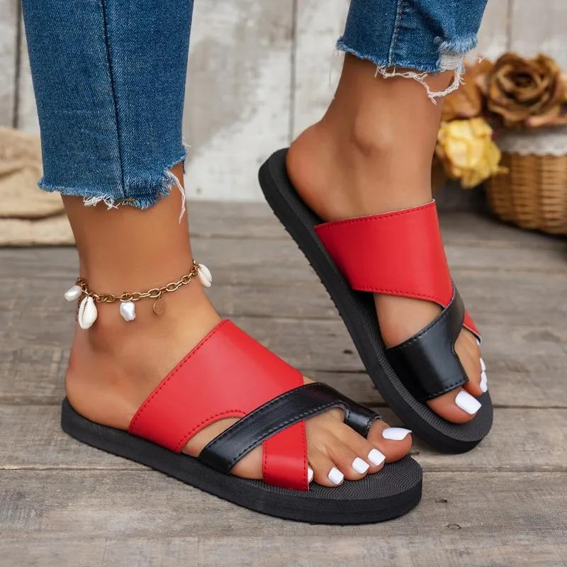 Женская обувь с открытым носком, женские тапочки, повседневные тапочки для улицы, женские разноцветные с круглым носком, плоские сандалии с ремешками большого размера