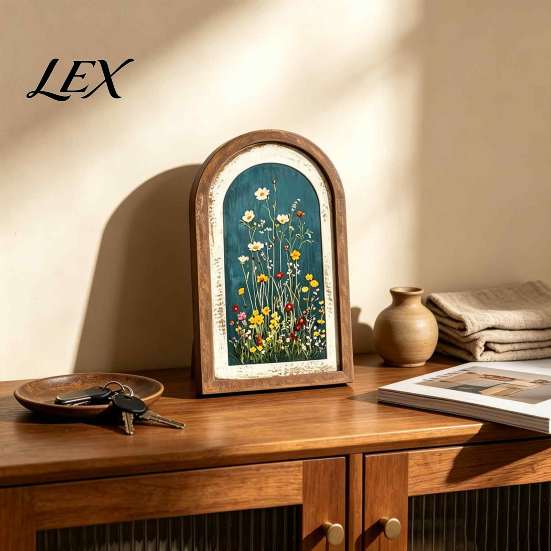 Vintage Aesthetic Wall Decor Arched Wooden Framed Art, Farmhouse Wildflower Oil Painting Prints, Nature Inspired Core Wood Ornament for Living