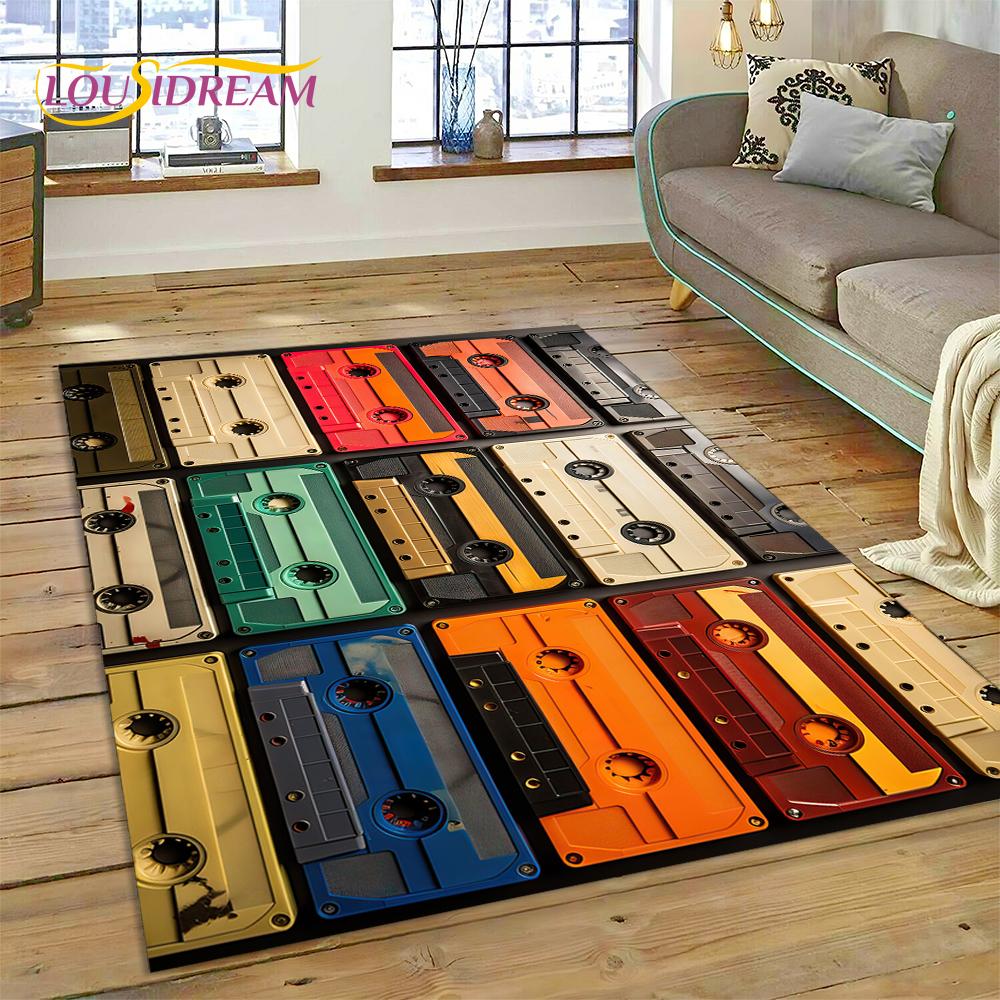 Retro Music Cassette Tape CD Design Area Rug–Non-Slip Carpet for Bedroom Living Room | Home Sofa Decor, Vintage Audio Floor Mat