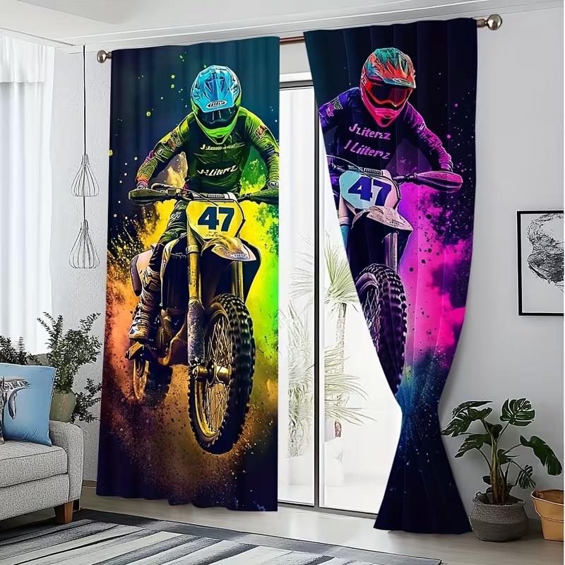 2PcsColorful motorcycle print curtains,suitable for bedroom,living room kitchen decoration,home decoration, curtains for bedroom