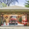 2D door banner, 1pc large Christmas garage door banner - retro red pickup truck and Santa Claus holiday decoration snowman