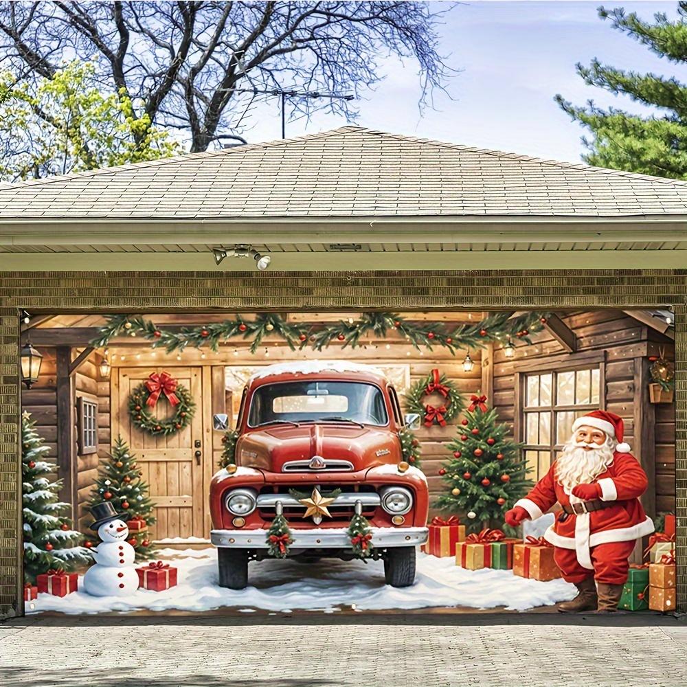 2D door banner, 1pc large Christmas garage door banner - retro red pickup truck and Santa Claus holiday decoration snowman