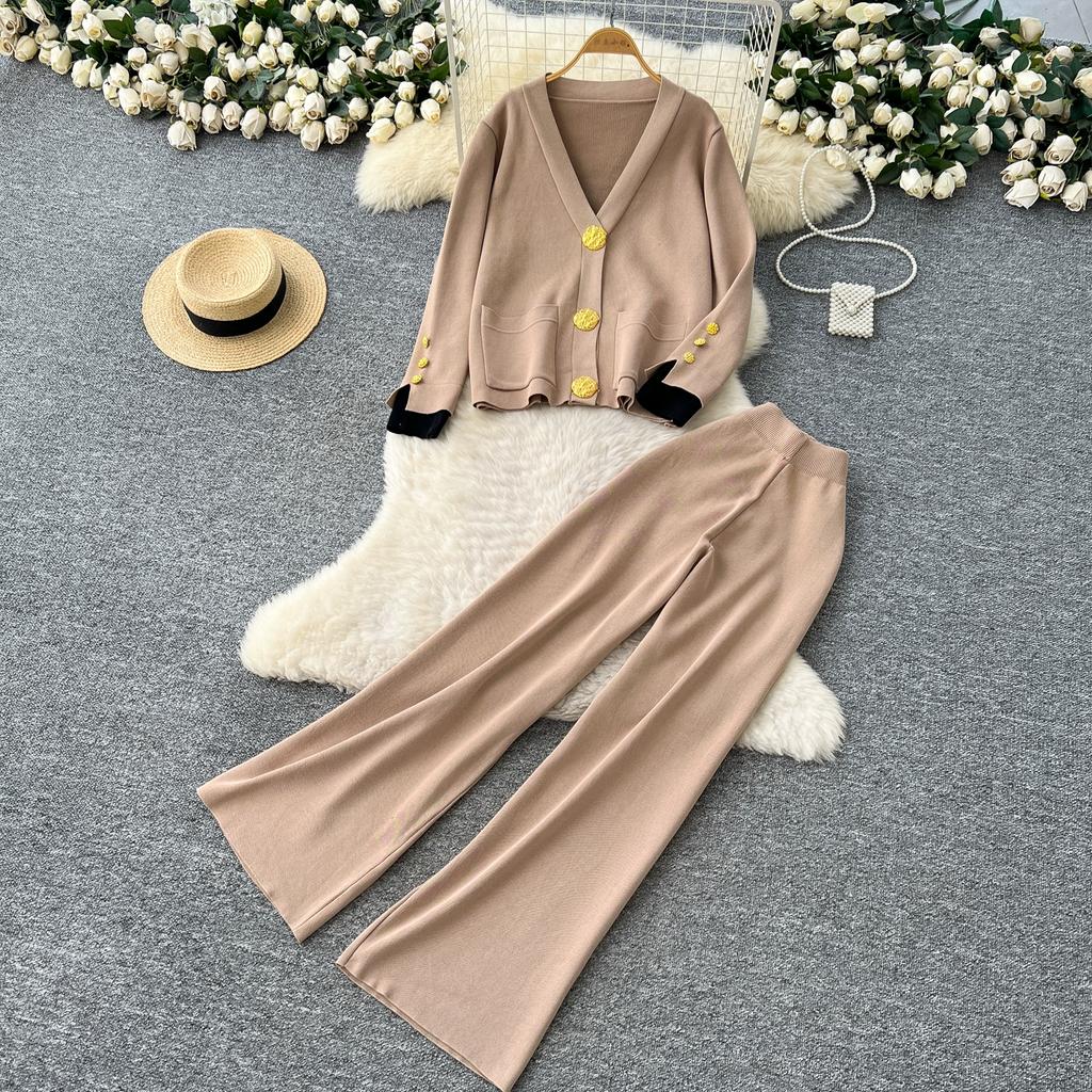 Осень Зима Женский Повседневный Вязаный Свитер Брюки Костюм из Двух Предметов Большая Золотая Пуговица Однобортный Пиджак Топы и Брюки с Эластичной Талией Спортивный Костюм