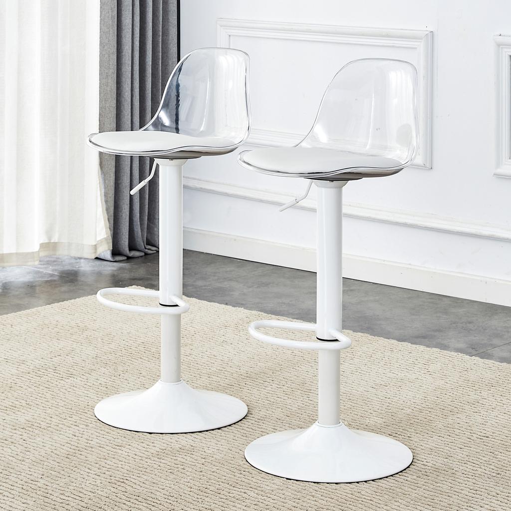 2-Pack Adjustable Bar Chair: Transparent Backrest + White Metal Legs, Height-Adjustable from 82-104 cm, 360 degrees Rotation.