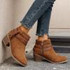 Women's Wide Width Suede Martin Boots, Buckle Detail Side Zipper Booties, Chunky Heel Mid-Calf Boots for Women