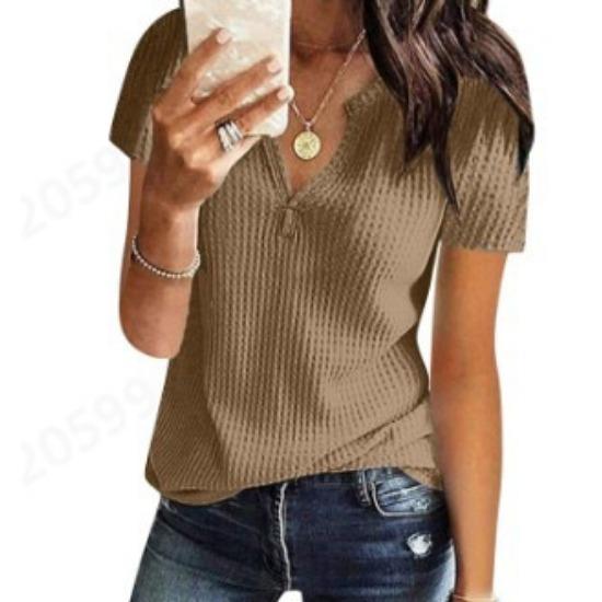 IHUASU Весна-лето Однотонный вафельный топ с короткими рукавами и V-образным вырезом для женщин