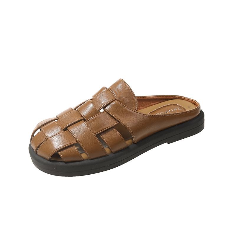 Баотоу тапочки женские 2024 лето новые римские плетеные пляжные туфли полые мягкая подошва ретро полушлепанцы уличные тапочки