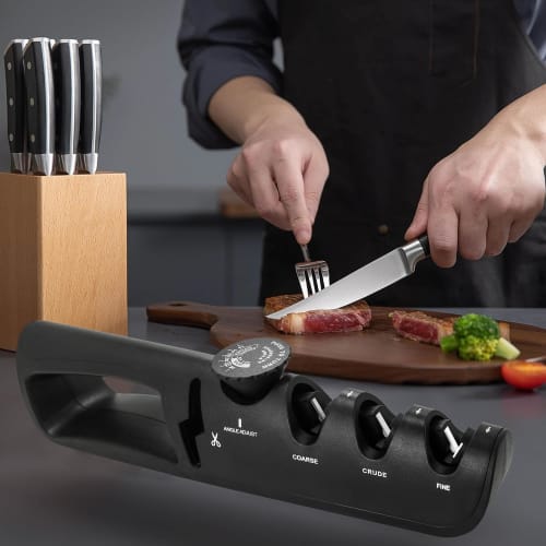 Knife Sharpener with Adjustable Angle, Coarse and Fine Sharpener, and Scissor Sharpening - Non-Slip Base, Ergonomic Handle, and Durable Materials