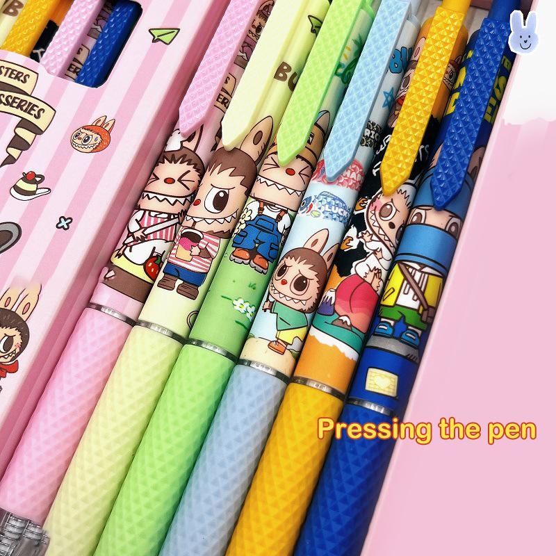 6Pcs Kawaii Gel Pen Labubu Monster Cartoon Neutral Pen Quick Drying Pen Student Examination School Office Supplies Stationery