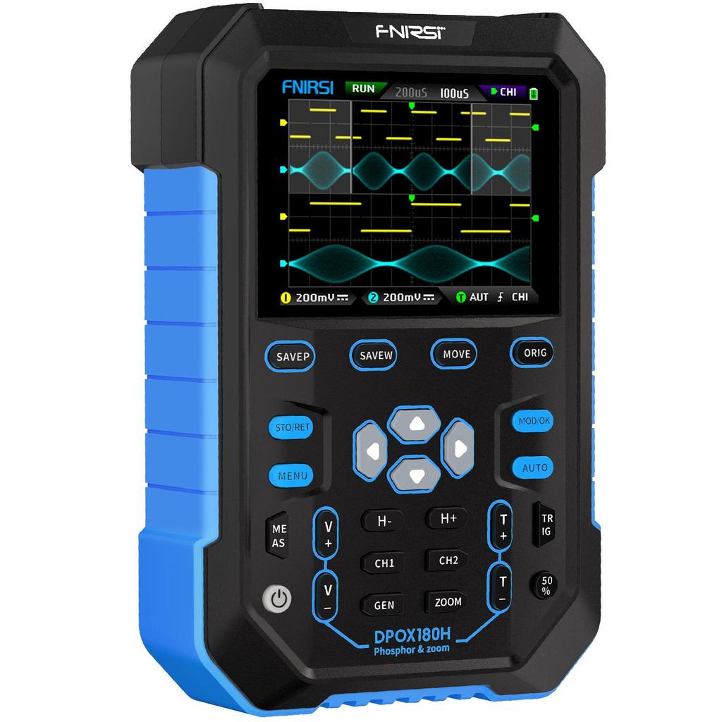 FNIRSI DPOX180H Handheld Dual Channel Digital Oscilloscope 180MHz-3DB 2 In 1 Function Signal Generator Fluorescence Display ZOOM