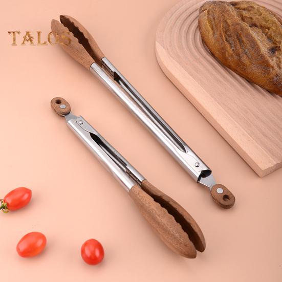 Food Tong Stainless Steel Wooden Cooking Tongs Anti-Slip Ergonomic Grip Serving Tongs for BBQ Food Buffets Parties