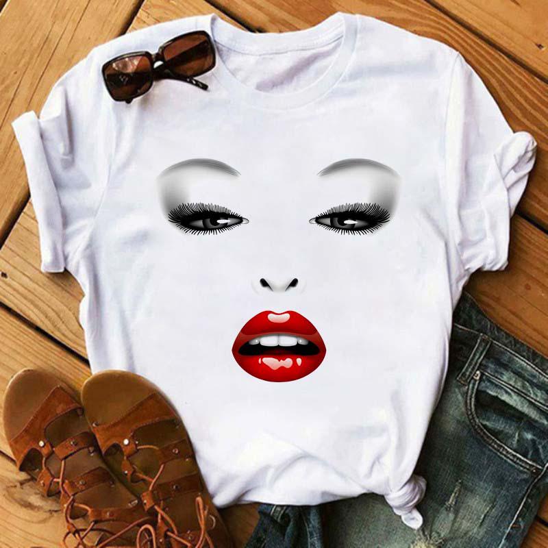 Maycaur New Cute Eye Lashes Red Lips Print Women T Shirt Summer Casual Short Sleeve O Neck T-shirt Fashion Ladies Shirt Tops