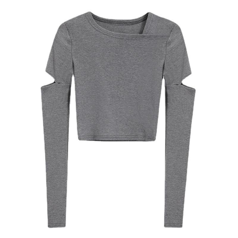 Solid Color Slim Thin Long-sleeved T-shirt for Women Ripped Round Neck Base Shirt for Women for Women Autumn Tight Design Top for Women
