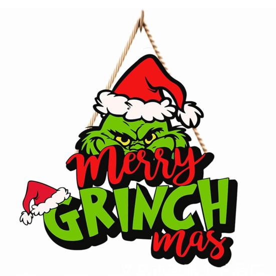 Christmas Hanging Sign Wooden Seasonal Door Wall Sign Santa Hat Green Elf Holiday Decor