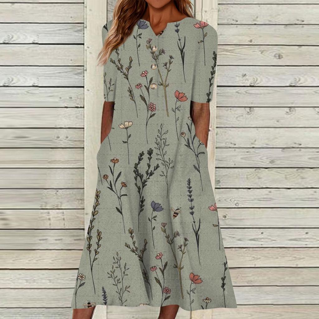 Women's Summer Casual Printed V-Neck Short-Sleeve Swing Dress