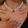 Ladies Two Layer Pearl Shines Oblong Crystal Necklace & Ear Drop Jewelry Set