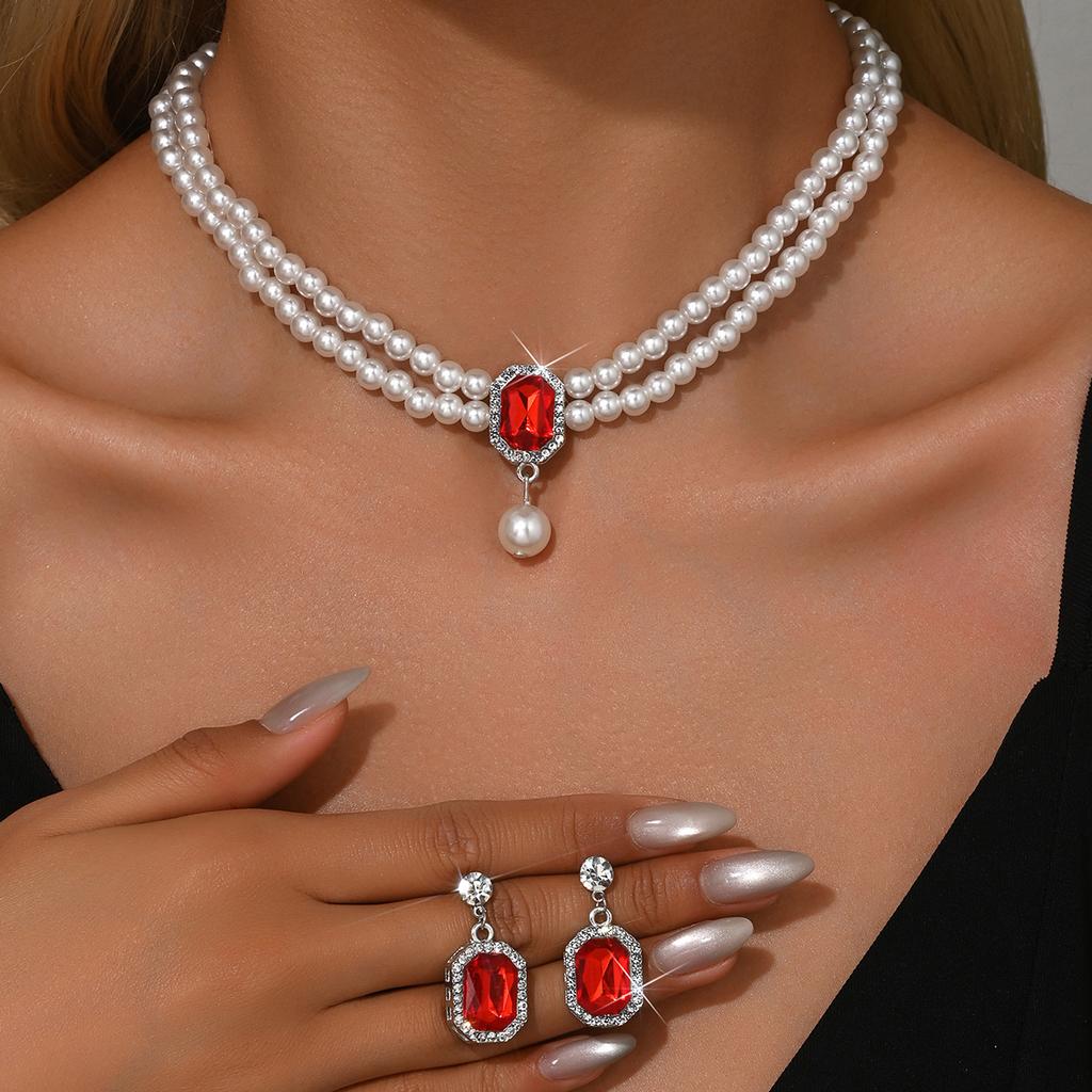 Ladies Two Layer Pearl Shines Oblong Crystal Necklace & Ear Drop Jewelry Set