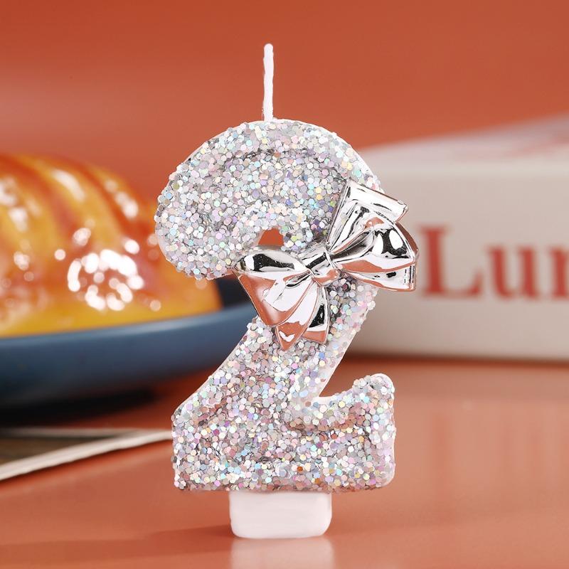 Digital Birthday Candle Silver Sequin Bow Party Decoration Creative 0-9 Number Candles Birthday Cake Plugin for Party Supplies