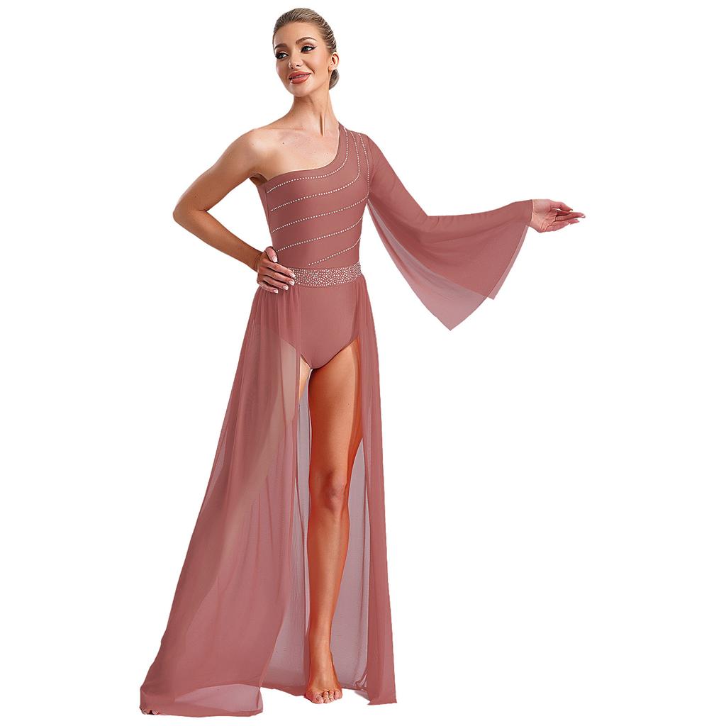 Women's One Shoulder Lyrical Dance Dress Sheer Mesh Flared Sleeve with Shiny Rhinestones Flowy Split