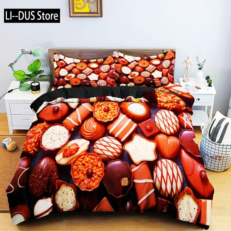 Комплект постельного белья с шоколадным принтом, десертный пододеяльник с конфетами, пододеяльник для девочек, односпальный, двуспальный, королевский, 2/3 шт., полиэстеровый пододеяльник