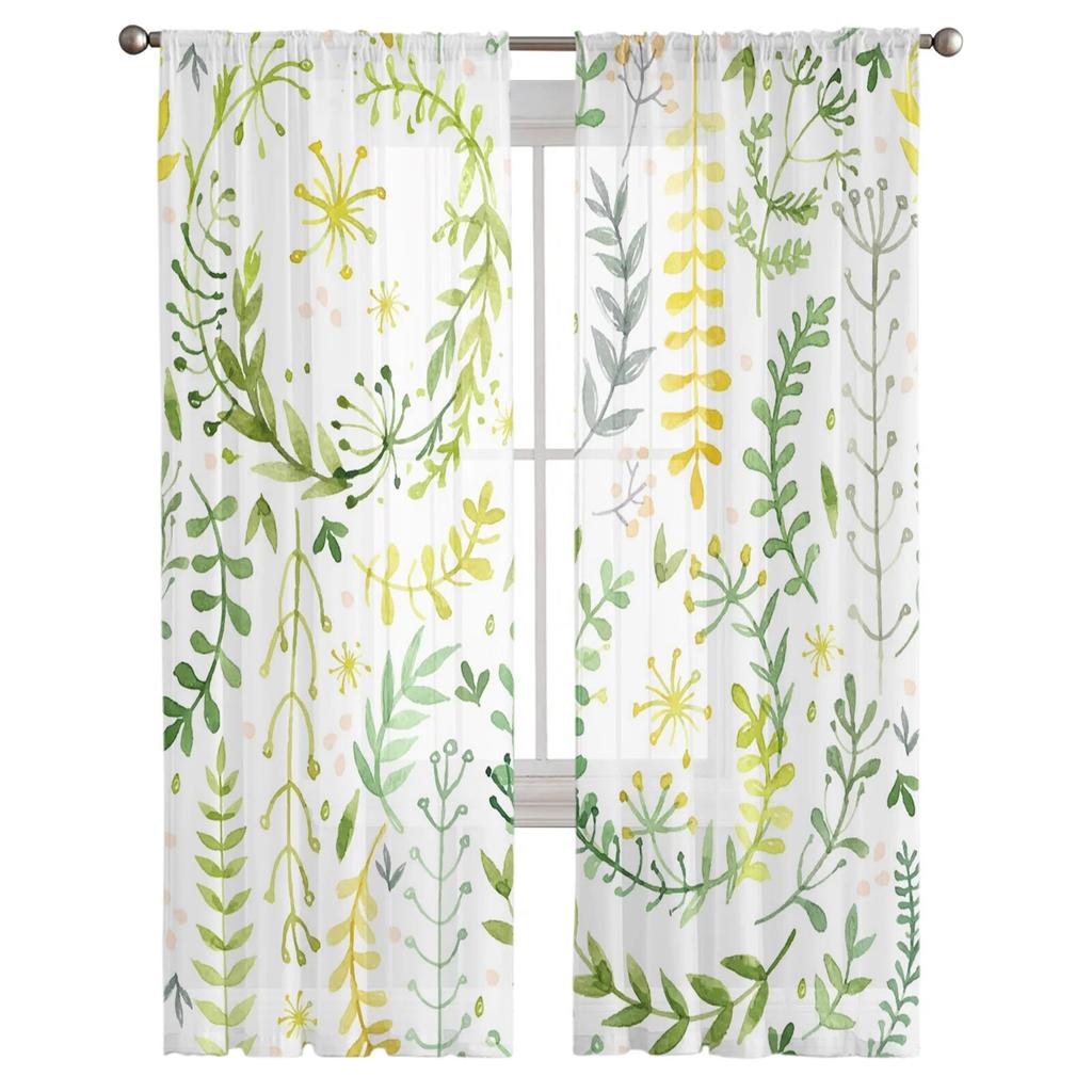 Wreath Green Watercolor Flower Tulle Curtains for Living Room Kitchen Bedroom Sheer Tulle for Cafe Hotel Modern Home Decor