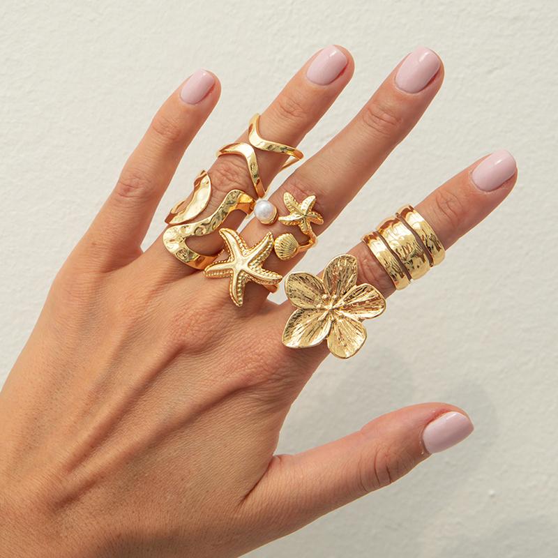 6Pcs Vintage Boho Ocean System Rings Set Shell Pearl Starfish Open Ring for Women Irregular Geometric Knuckle Ring Party Jewelry