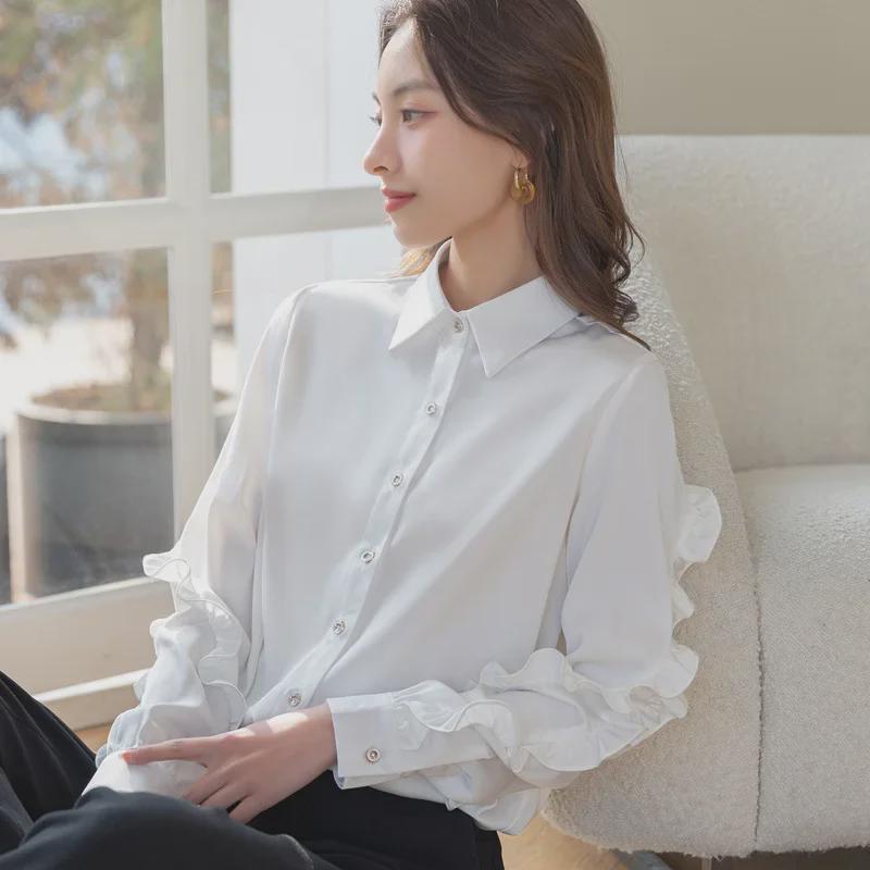 Новая женская приталенная однотонная универсальная рубашка с длинным рукавом для весны и осени
