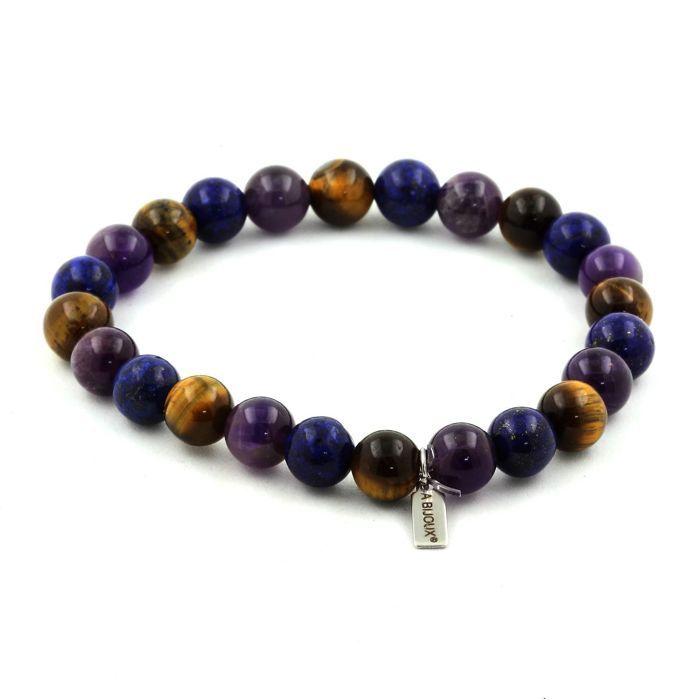 Stones and Minerals. Lapis Lazuli + Tiger Eye + Amethyst 8 Mm Pearl Bracelet. Made In France.