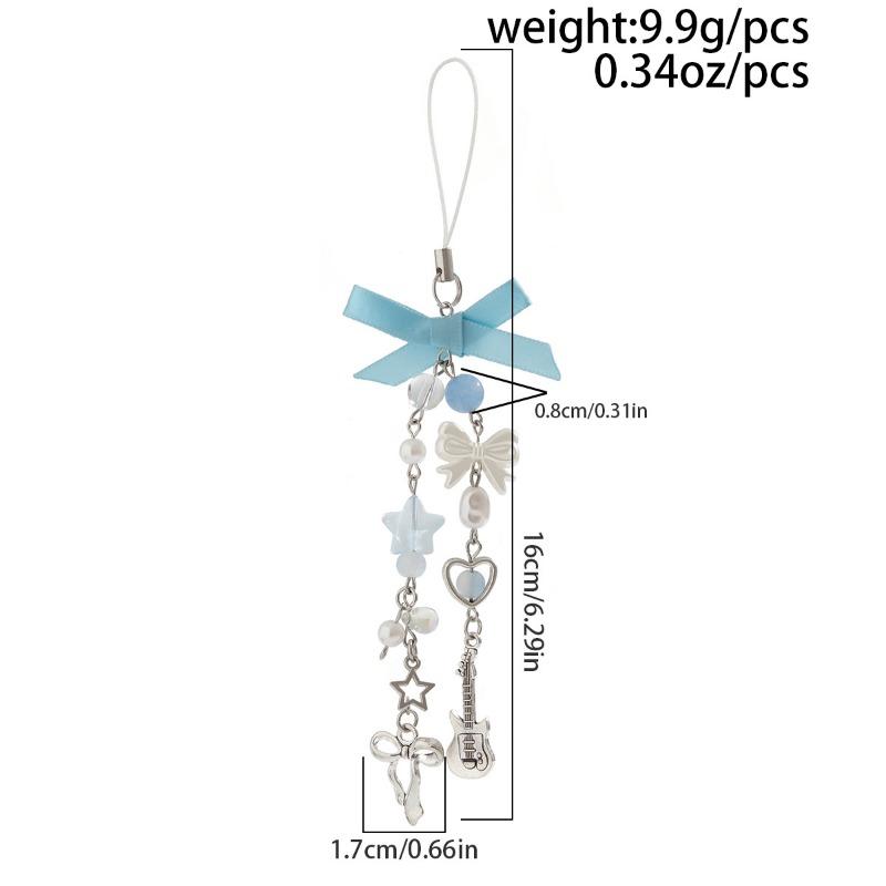 Fashion Sweet Y2K Girls Ribbon Bow Beaded Keychain Alloy Love Heart Star Rabbit Strawberry Pendant Pearls Glass Beads Chains Jewelry Accessories