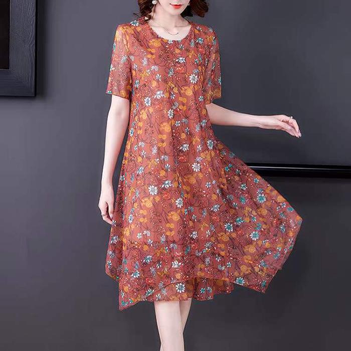 Women's Spring Summer Vintage Embroidered Large Size Women's Loose Mesh Large Size Short Sleeve Dress Printed Casual Dress