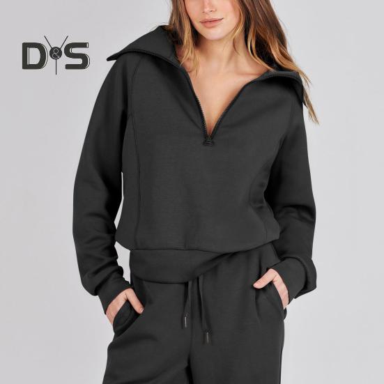 2 Pcs/Set Fall Winter Coat Trouser Suit Lapel Solid Color Thick Loose Solid Color Zipper Decor Long Sleeve Wide Leg Drawstring Elastic Waist Lady