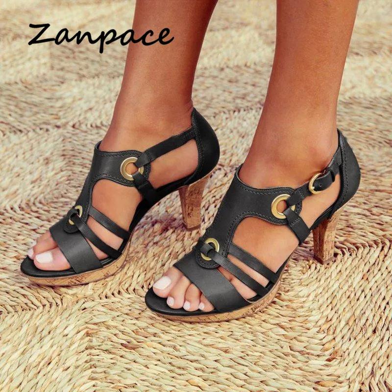 2024 Лето Европа Женские Сандалии Водонепроницаемая Платформа Металлическая Пряжка Высокий Каблук Женские Туфли Гладиатор Большие Размеры Кожаные Сандалии