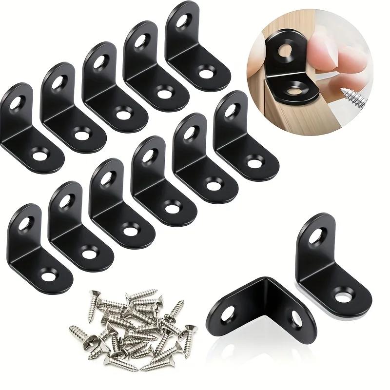 Heavy Duty L-Shaped Corner Brackets 20x20mm Stainless Steel & Black Iron with Screws - 10/20 Sets for Wardrobe/Wall/90° Fixing
