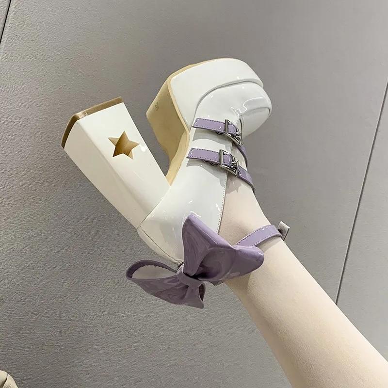 Весенние туфли на высоком каблуке, женские туфли-лодочки на толстом каблуке с бантом, туфли Мэри Джейн в стиле Лолиты, женские туфли из лакированной кожи для косплея