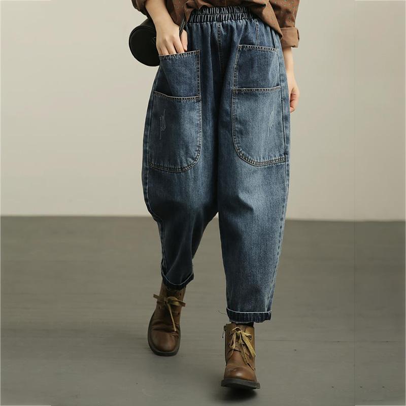 WTEMPO Ретро рваные брюки-шаровары с эластичной резинкой на талии, женские джинсы, свободные широкие брюки, прямые джинсовые брюки с большими карманами