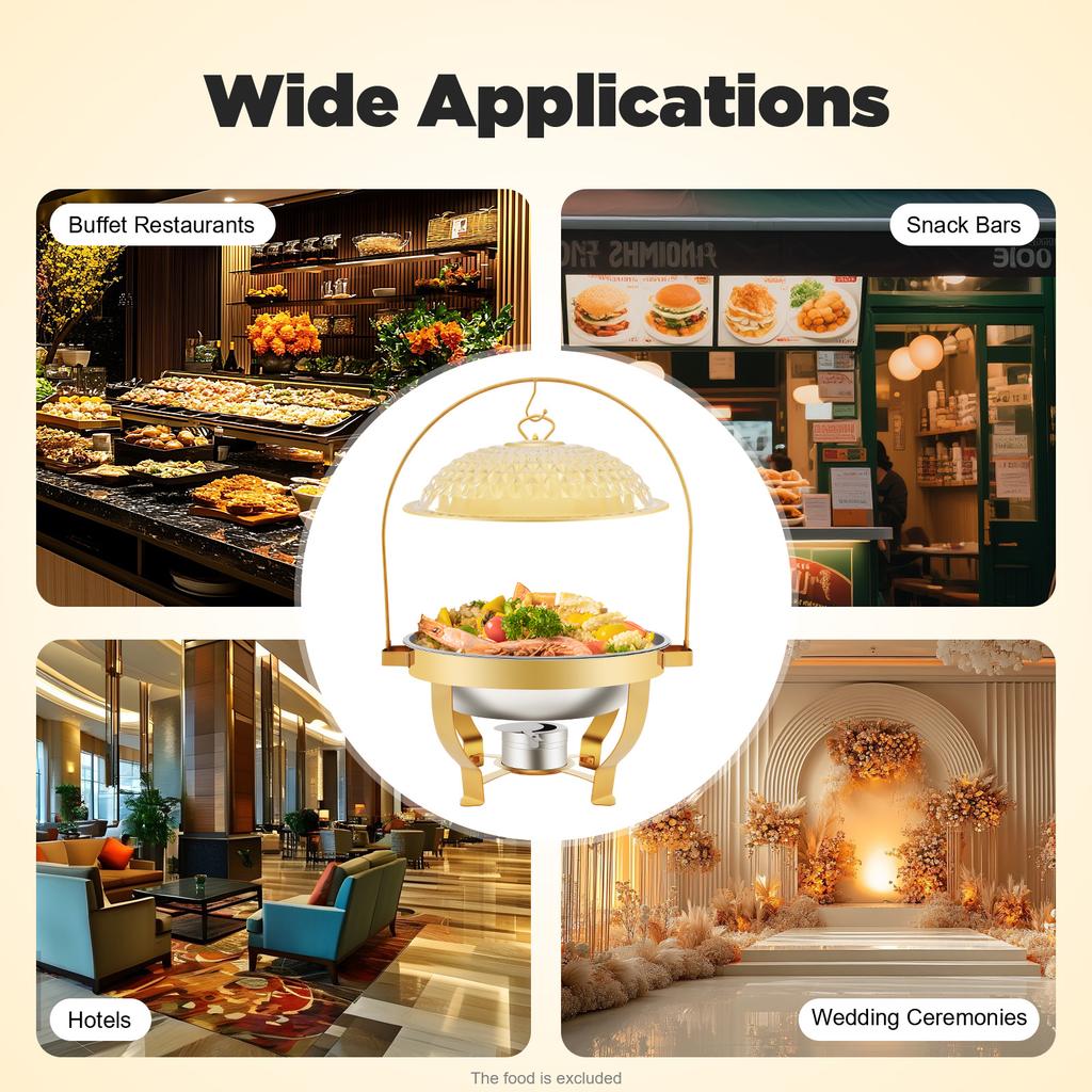 Gold Buffet Food Warmer Chafing Dish with Alcohol Burner, 6.3QT Stainless Steel Party Server for Catering, Wedding, Home Kitchen