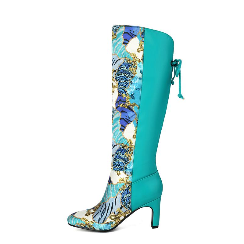 Autumn/Winter New Trade Round Toe Patchwork High Heels Knee High Boots Floral Fabric Keep Warm Women's Shoes Big Size 35-43