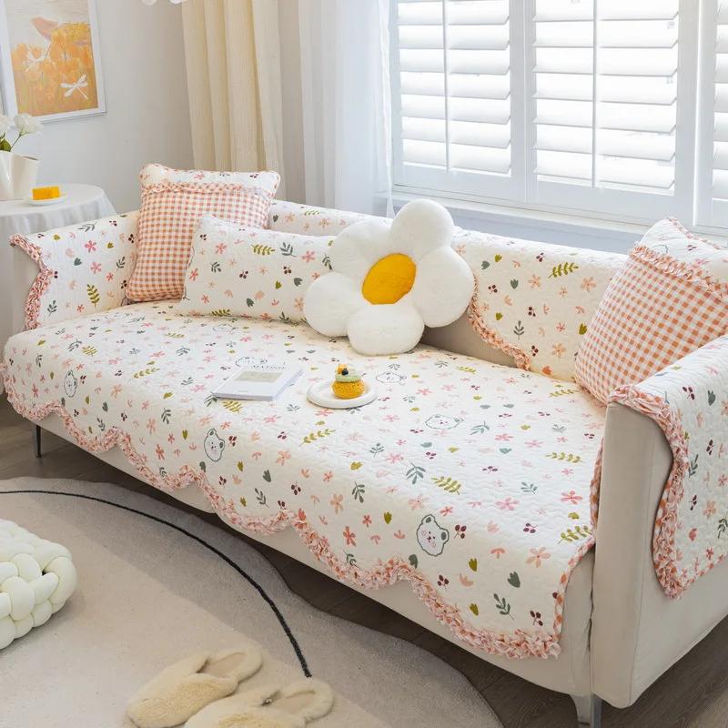Pure Cotton Simple Dustproof Sofa Mat Retro Small Floral Comfortable Cushion Four Seasons Universal Anti Slip Couch Cover Cloth